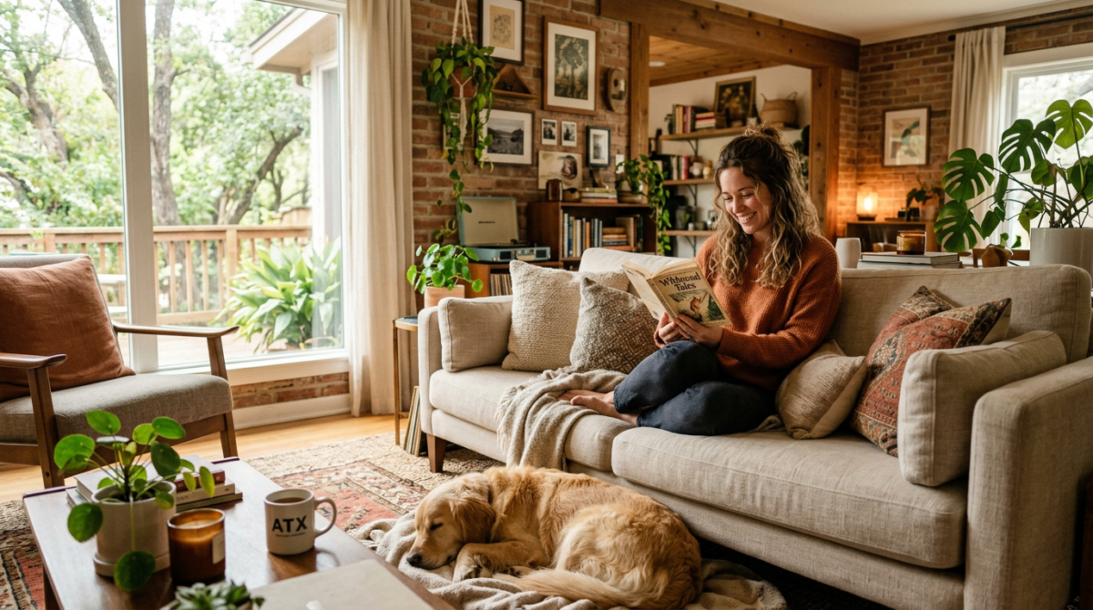 A happy dog owner sitting calmly on a sofa with their dog resting peacefully by their feet, representing a successful training outcome.