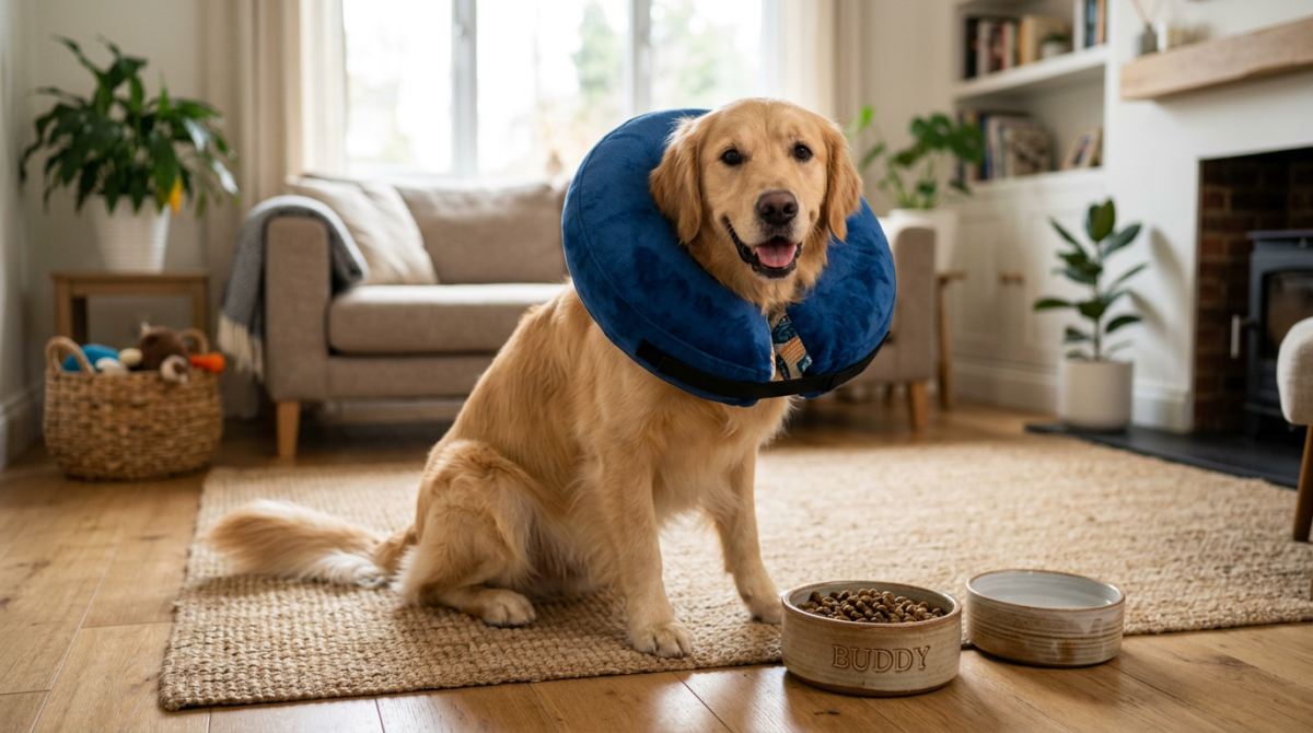 A happy dog wearing a comfortable blue inflatable neck collar instead of a plastic cone - Why do dogs lick