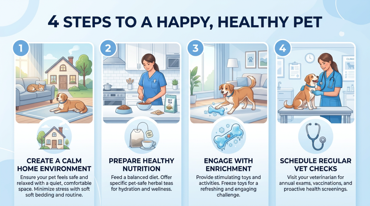 Infographic summarizing the 4 steps: Environment, Skin, Brain, and Vet Check
