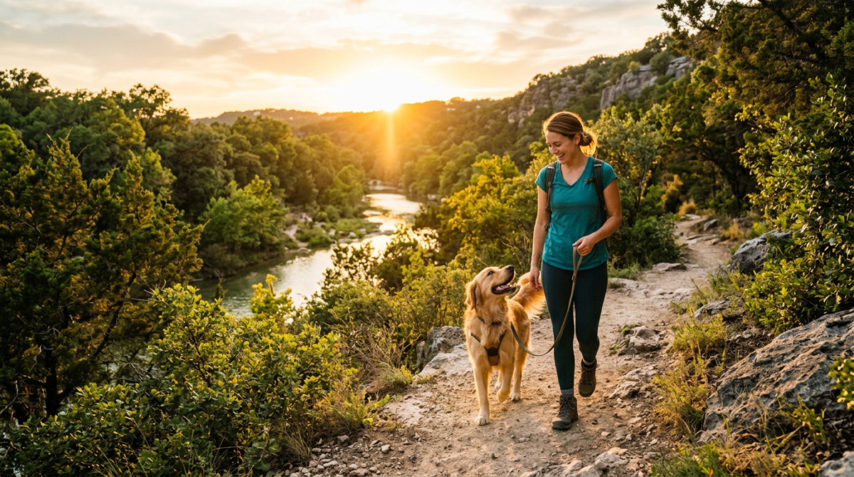 A happy dog and owner walking on a trail in a sunlit park, symbolizing success and health