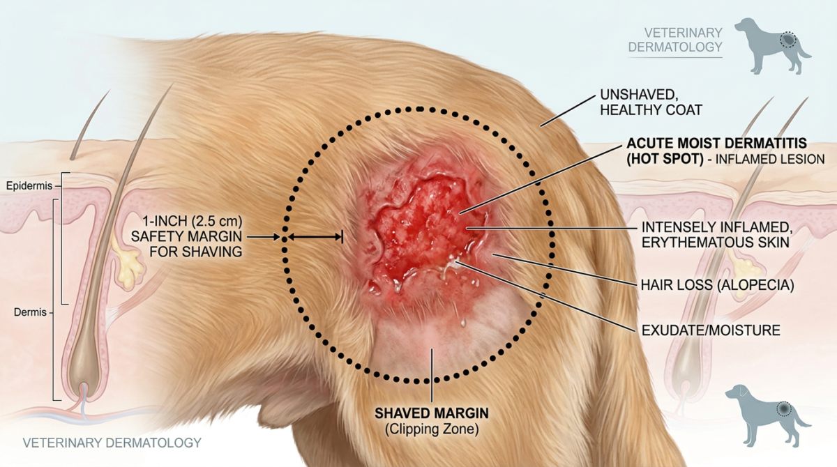 犬热点病灶修剪范围示意图,展示周围 1 英寸的清洁区域
- Hot spots on dogs