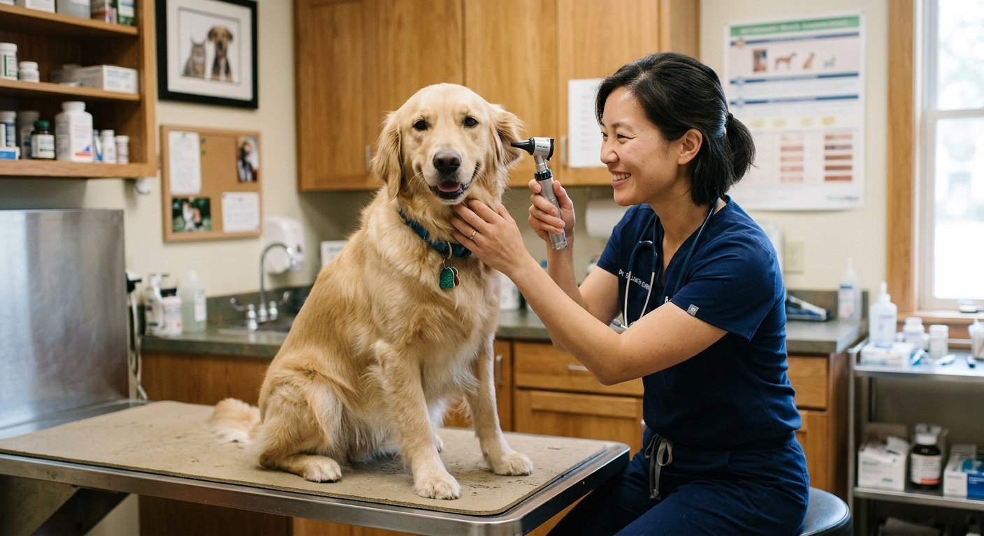 dog ear infection treatment — pet care illustration - Chronic dog ear infection treatment